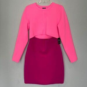 Express Body Contour Long Sleeve Color Block Cutout Mini Sweater Dress Pink Sz L